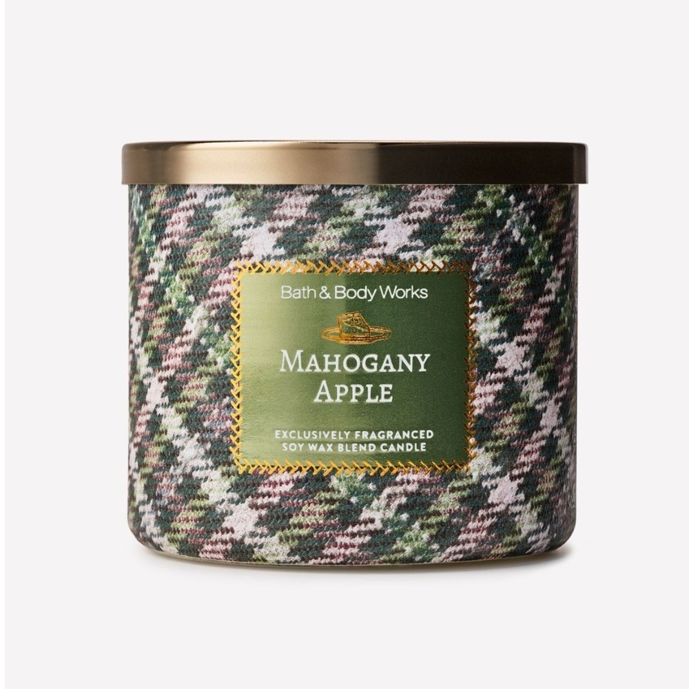 Bath & Body Works Mahogany Apple 3-Wick Candle Soy Wax Blend Houndstooth Jar